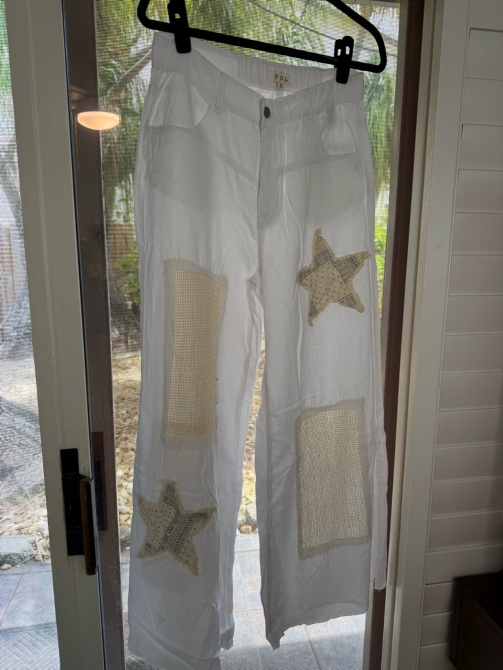 POL White Wide Leg Pants with Beige Star and Patch Details NWOT